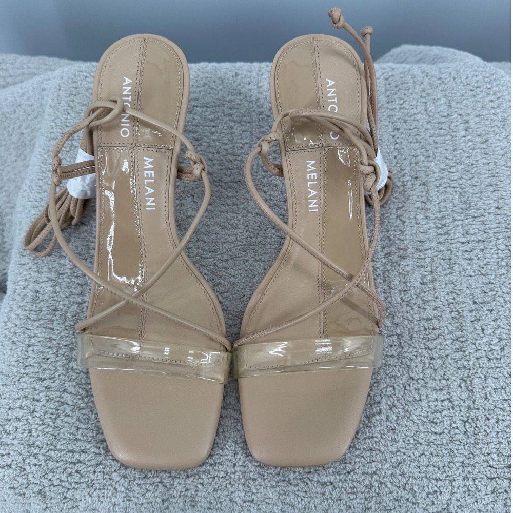 Antonio Melani Barden Clear Tan Leather Lace Up Strappy Heels Sandals Size 9M